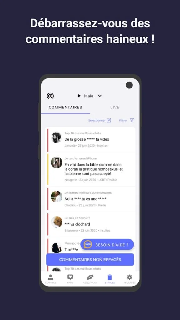 Filtrer les commentaires haineux - bodyguard app