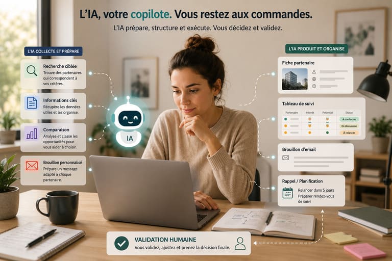 IA agentique utilisée comme copilote pour rechercher, comparer et préparer des partenariats avec validation humaine