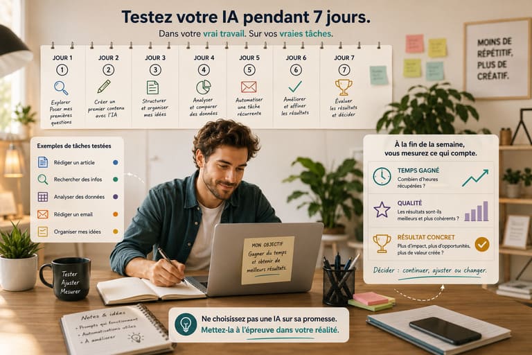 Créateur testant une IA pendant sept jours pour mesurer le temps gagné, la qualité et les résultats