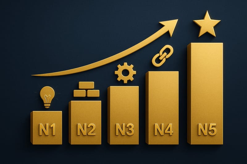 Schéma stratégie d’entreprise simple — niveaux N1 à N5 : N1 ampoule (idée), N2 briques (fondations), N3 engrenage (process), N4 maillons (intégration), N5 étoile (marque).