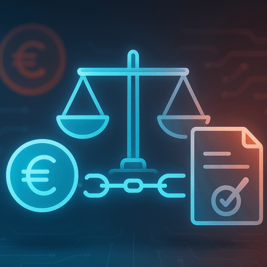 Symboles justice, monnaie euros avec chaine reliée à un contrat pour un partenariat en ligne