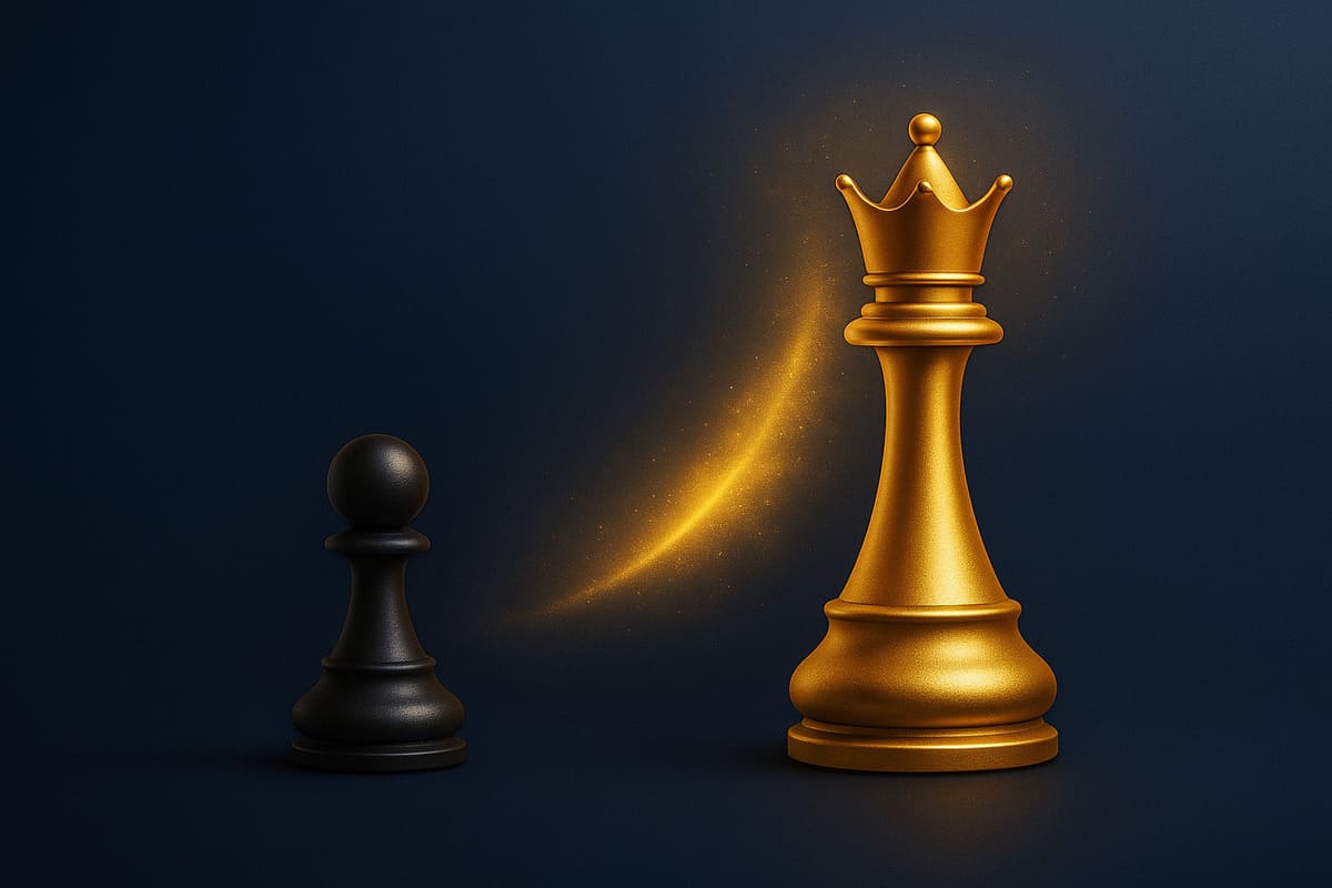 Couverture : transformation d’un freelance en marque personnelle symbolisée par un pion d’échecs noir classique qui devient une reine dorée