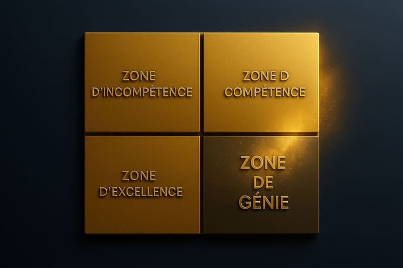 Schéma en 4 blocs dorés représentant la zone d’incompétence, de compétence, d’excellence et de génie.