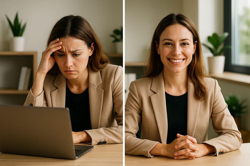 Split screen : à gauche une entrepreneuse stressée devant son ordinateur, à droite la même confiante et souriante.