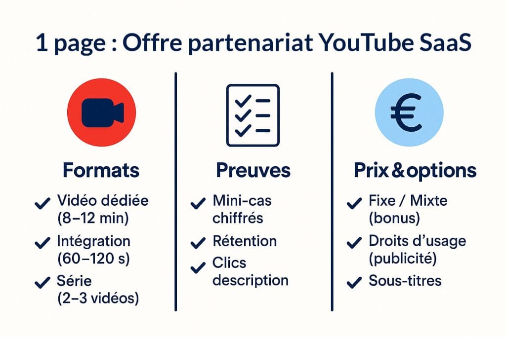 One-pager : Offre partenariat YouTube SaaS — colonnes Formats, Preuves, Prix et options