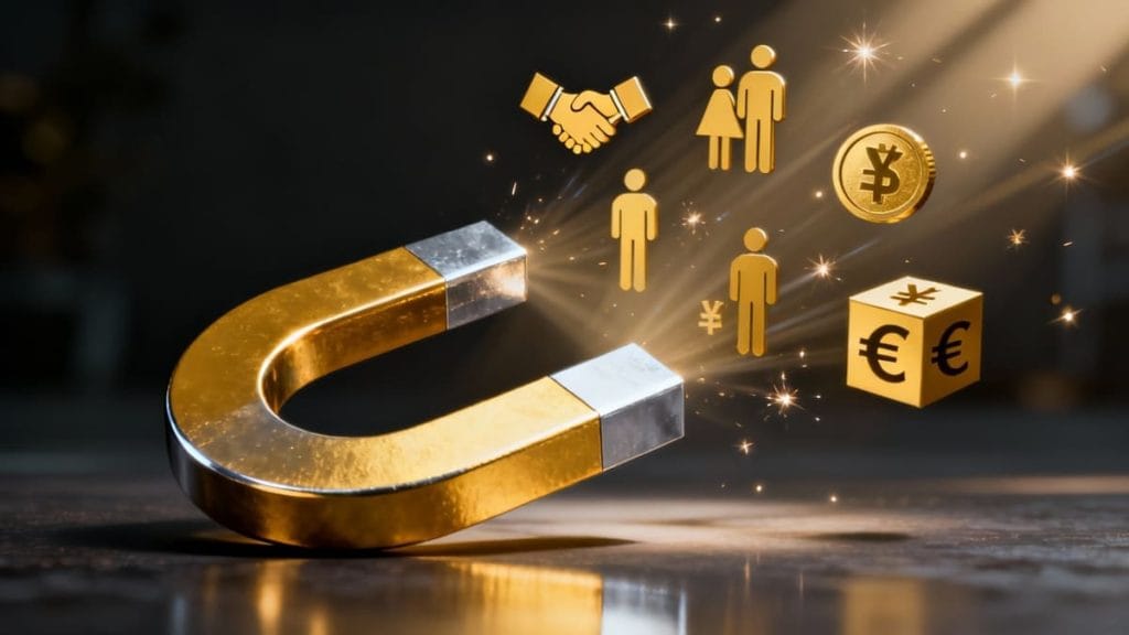 Illustration 3D réaliste d’un aimant doré attirant des icônes représentant des clients, des partenaires et des gains financiers, symbolisant le pouvoir d’attraction d’une offre irrésistible.