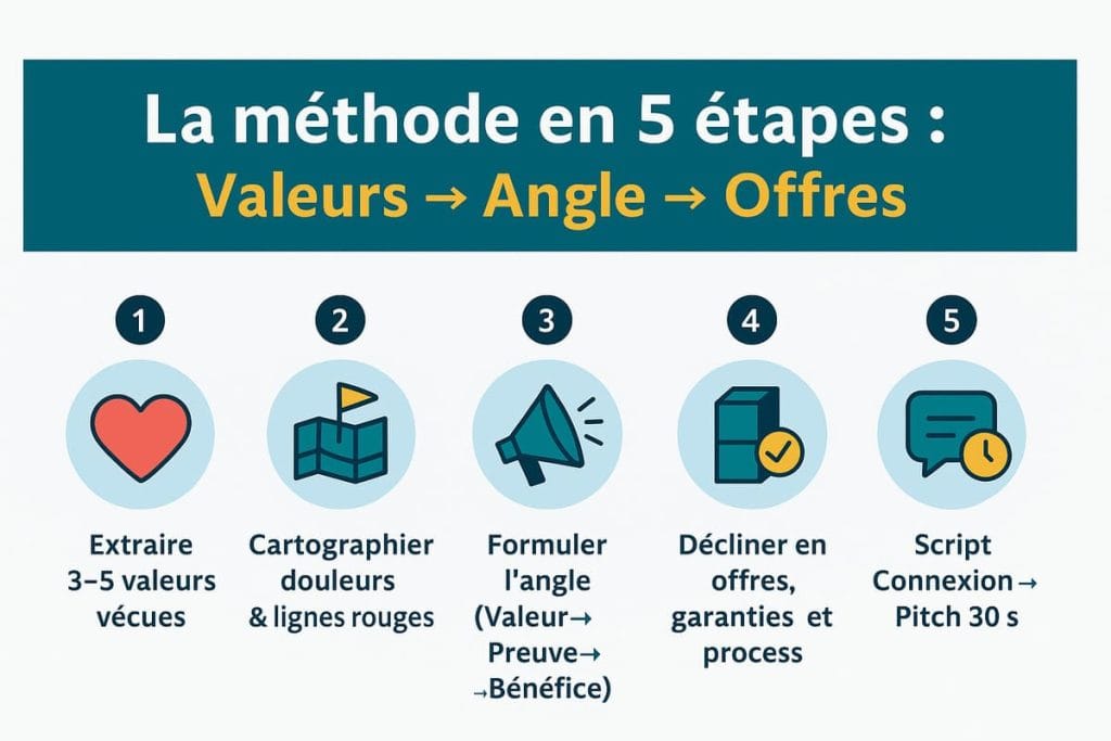 Infographie : la méthode en 5 étapes — Valeurs, Angle, Offres