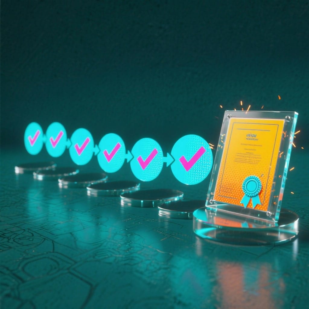 Schéma 3D : sept étapes lumineuses avec coches menant à un certificat, illustrant la méthode win-win.