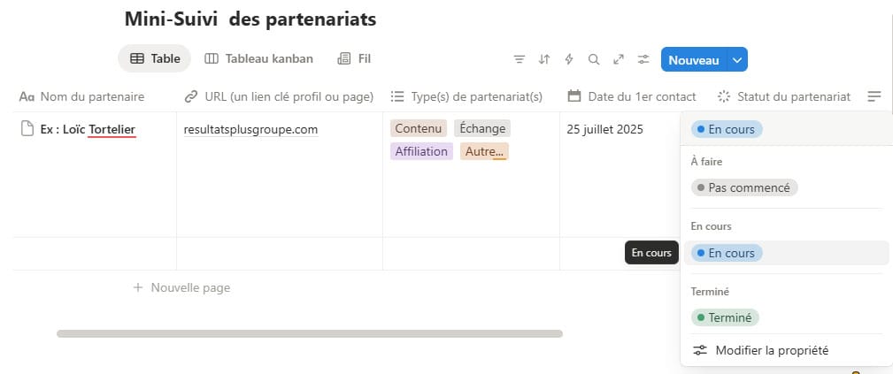 Tableau de suivi en ligne des partenariats business