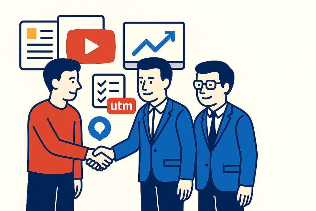 Créateur tech et responsable d’un logiciel se serrent la main — partenariat YouTube, icônes vidéo, checklist et courbe de performance