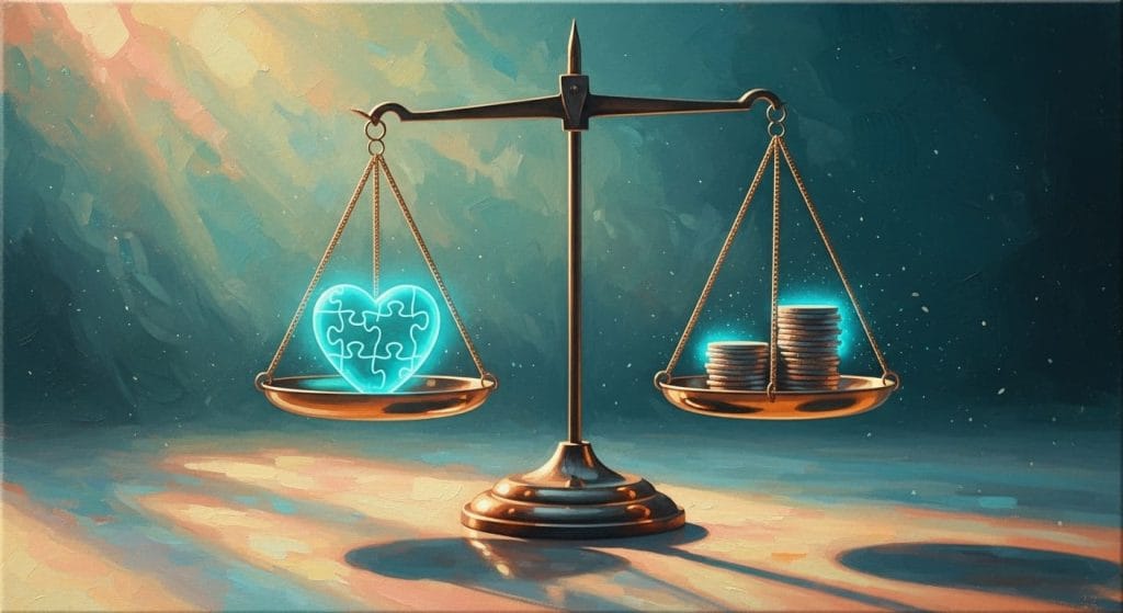 Balance en équilibre : cœur-puzzle lumineux d’un côté et pile de pièces de l’autre, illustrant un partage équitable dans un partenariat.