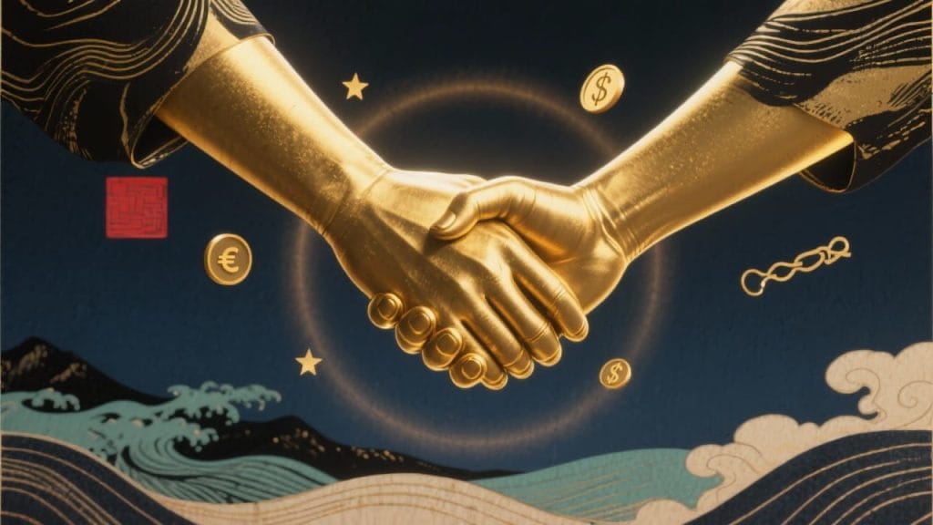 Illustration 3D réaliste de deux mains dorées se serrant, symbolisant la confiance, le partenariat et la réussite partagée d’une offre irrésistible.