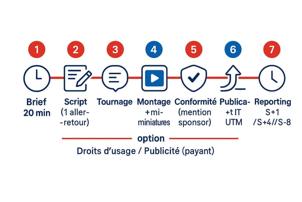 Processus en 7 étapes d’un partenariat YouTube SaaS : brief, script, tournage, conformité, publication avec lien suivi, reporting