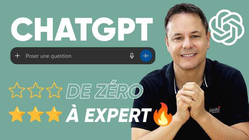 Vignette de formation ChatGPT : barre de recherche, étoiles de progression et formateur souriant