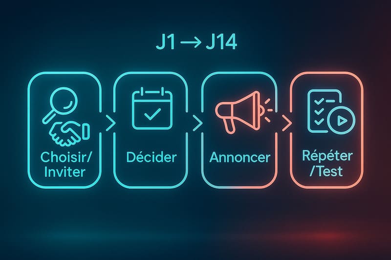 Frise des étapes pour organiser un live en quatorze jours.