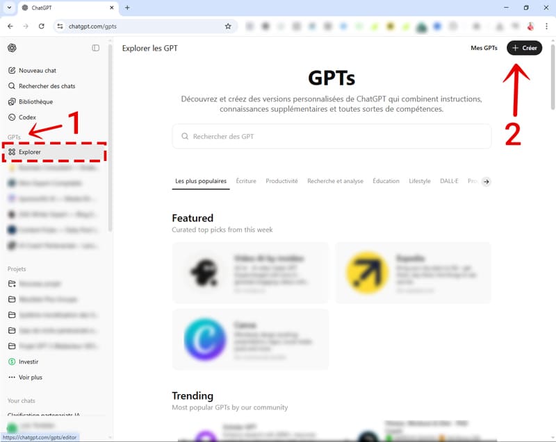 Capture d'interface web ChatGPT : Comment créer un GPT personnalisé, indications flèches rouges, 1 GPTs Explorer, 2 bouton créer.
