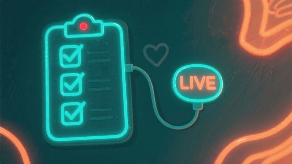 Check-list live invité lumineuse reliée à une bulle Live par un câble en forme de cœur, style néon sur fond teal.