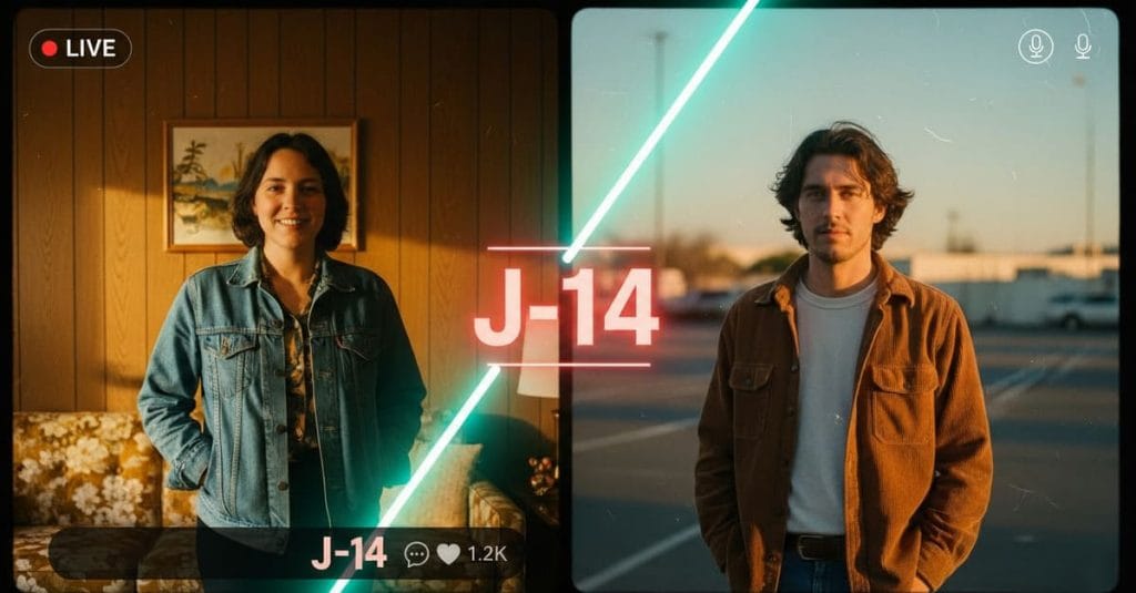 Deux personnes collaborent en visio, reliées par une ligne lumineuse, avec un grand compte à rebours J-14 au centre.