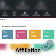 miniature-partenariats-express-affiliation Capture d'un tableau de bord avec nombre de clics, nombre d'inscriptions, gains financiers, solde financier, et icône chaîne pour représenter l'affiliation.