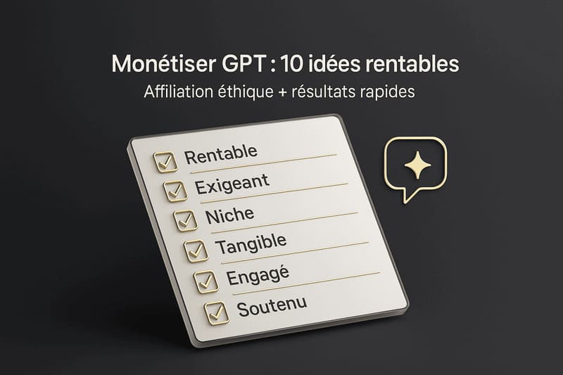 Checklist dorée avec cases cochées et icône GPT — affiliation éthique, résultats rapides