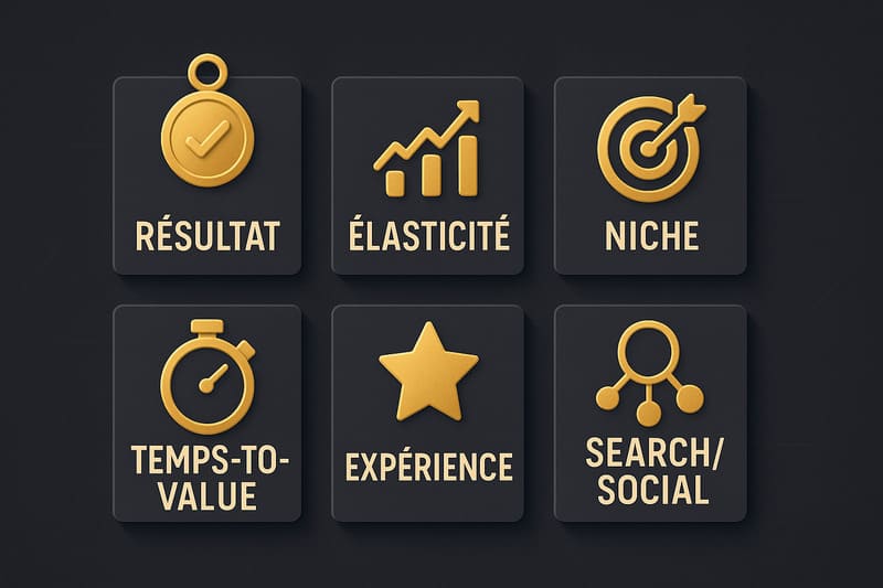 Infographie R.E.N.T.E.S. : Résultat, Élasticité, Niche, Temps-to-value, Expérience, Search/Social pour monétiser GPT