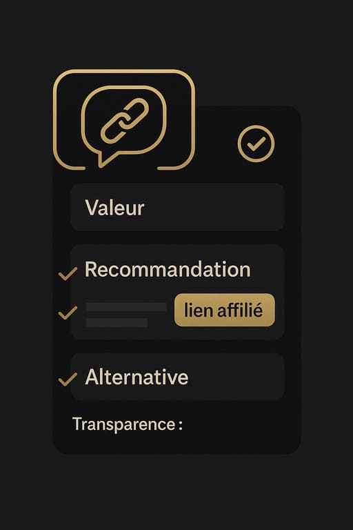 Carte UI : valeur, recommandation avec lien affilié, alternative et mention de transparence — intégration éthique