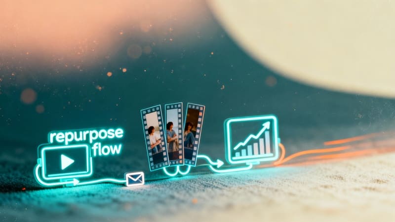 Flux de recyclage : replay vers extraits courts puis graphique d’analytics en hausse, style néon.