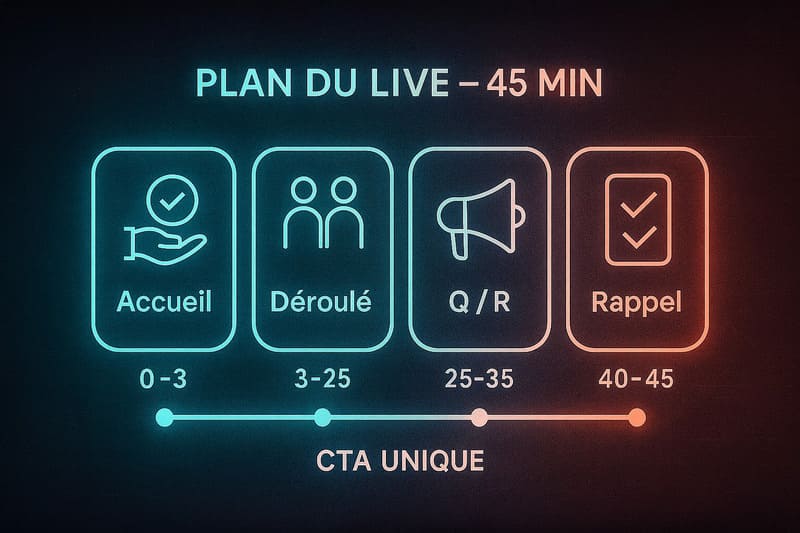 Plan simple pour organiser un live avec un invité, minute par minute avec un seul appel à l’action.