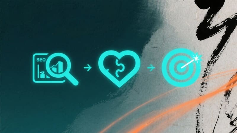 Séquence SEO → cœur-puzzle de collaboration → cible avec étincelle, icônes néon cyan sur fond teal.