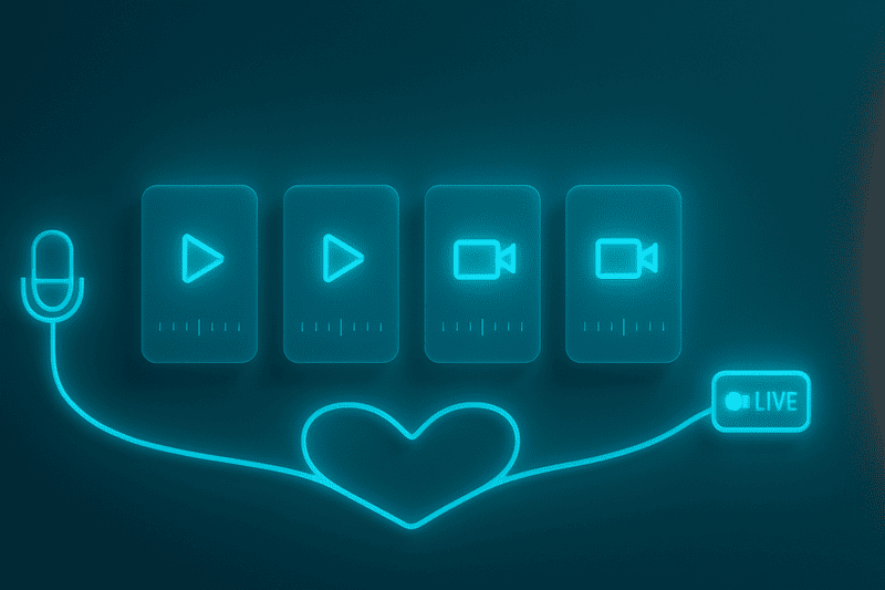 Timeline en 4 blocs d’un live, du micro à la caméra, câble formant un cœur, style néon cyan.