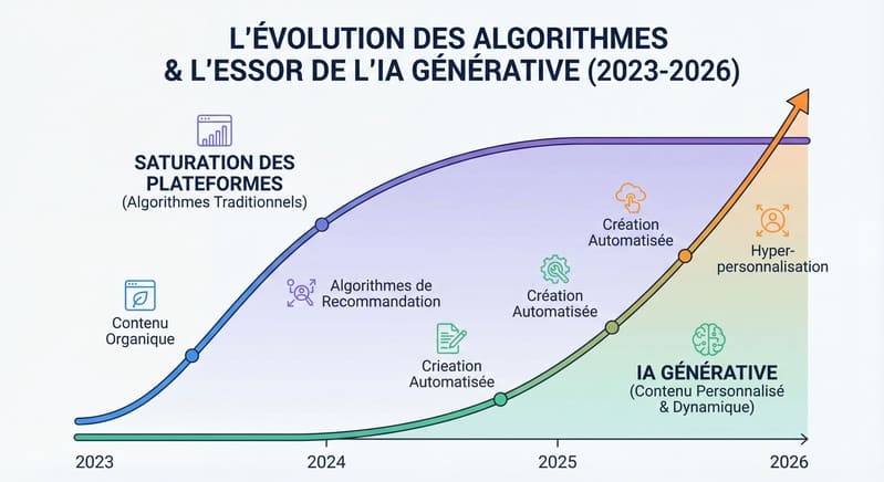 Infographie montrant l'évolution des algorithmes de 2023 à 2026