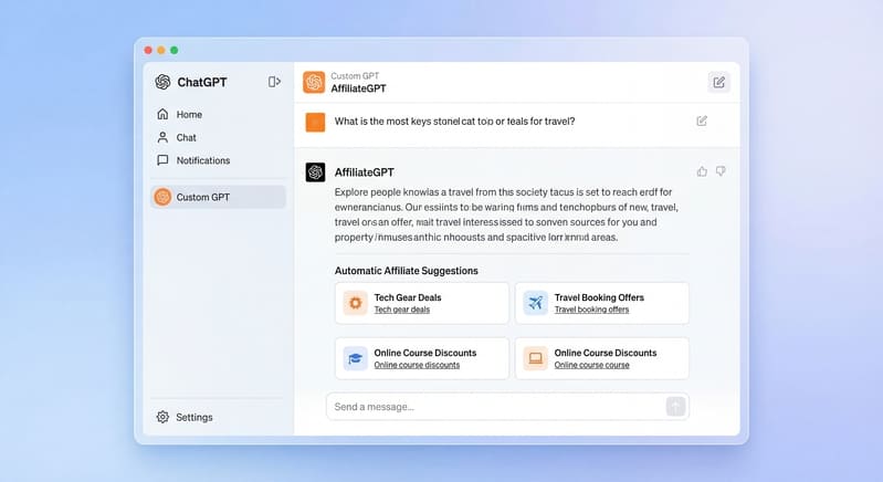 Interface ChatGPT avec l'onglet d'un GPT personnalisé éditable pour placer un lien affilié en suggestion