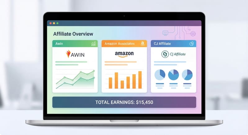Dashboard de différentes plateformes d'affiliation avec logos Awin, Amazon, CJ Affiliate