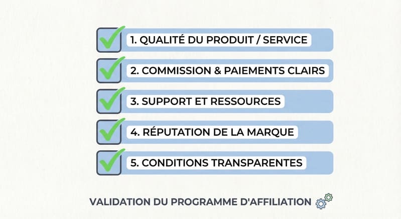 Checklist avec coches vertes montrant les critères de validation d'un programme d'affiliation