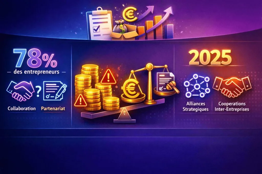 Infographie illustrant la confusion entre collaboration et partenariat chez 78% des entrepreneurs en 2025 avec symboles financiers et juridiques