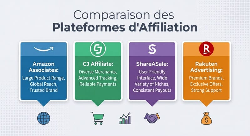 Comparaison visuelle des principales plateformes d'affiliation 2026 avec leurs logos et caractéristiques
