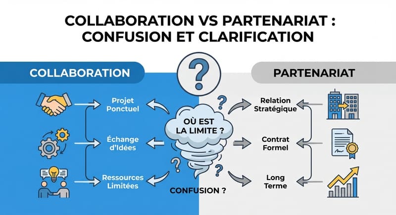 Infographie montrant la confusion entre collaboration et partenariat avec des icônes d'entreprises et des points d'interrogation