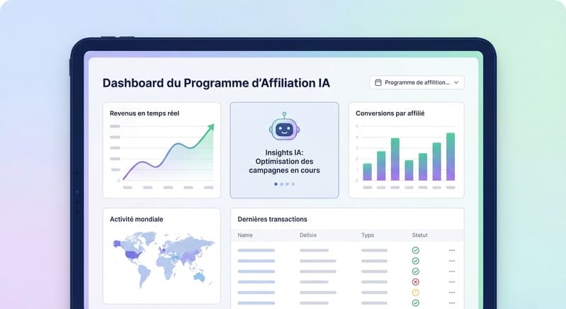 Dashboard d'un programme d'affiliation avec interface IA montrant les analytics en temps réel