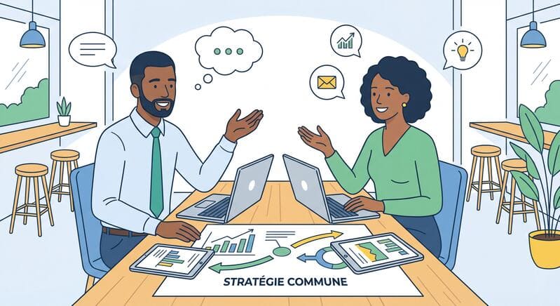 Deux entrepreneurs discutant autour d'une table avec des graphiques