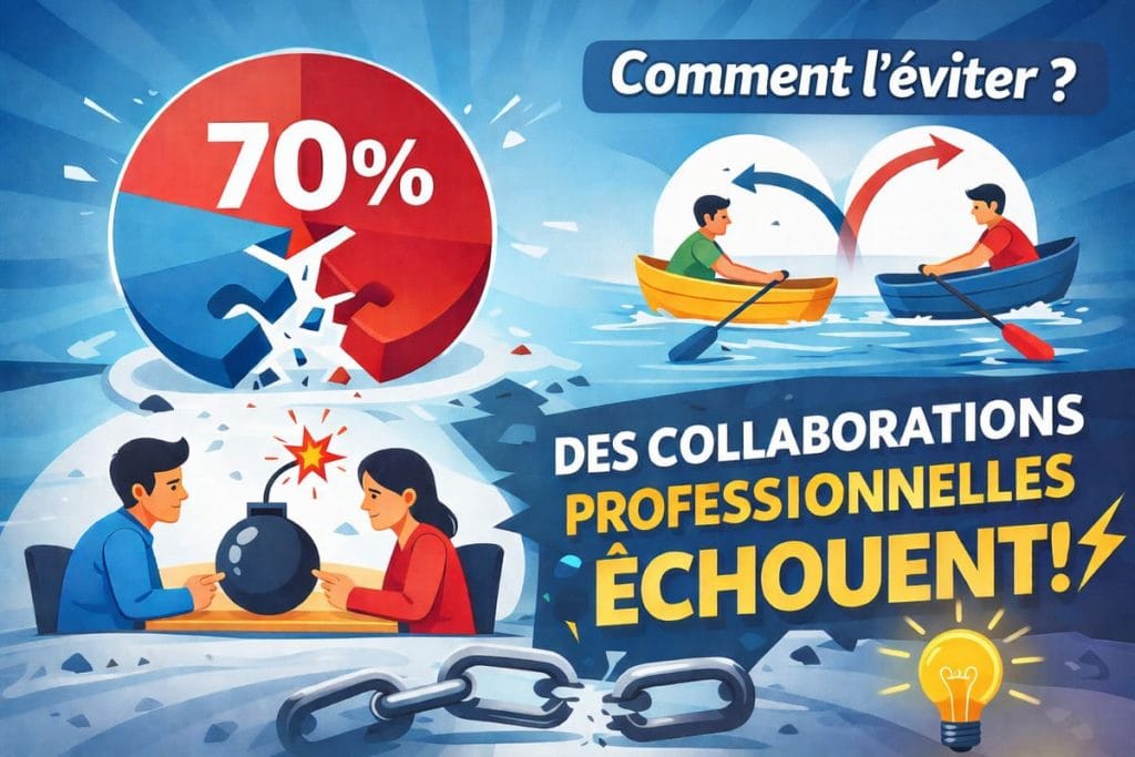 Illustration avec chaine cassé et deux personnes qui fonce droit dessus en bateau et deux face à face avec un bombe au milieu, pour représenter le titre échec collaborations