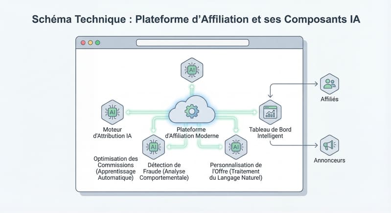 Schéma technique d'une plateforme d'affiliation moderne avec ses composants IA