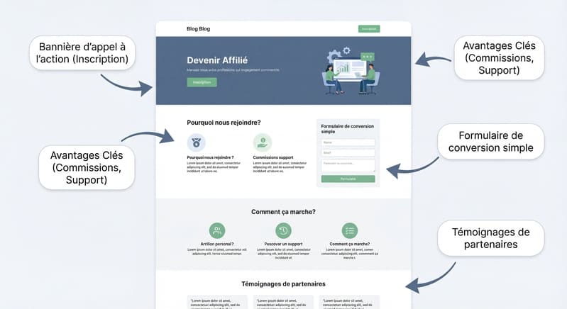 Mockup d'une page Devenir Affilié 2026 avec annotations des éléments clés