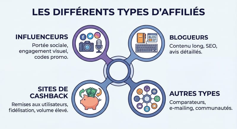 Infographie montrant les différents types d'affiliés 2026 : créateurs IA, podcasters, communautés Web3, etc.