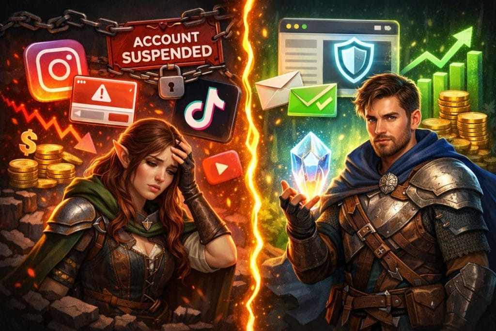 Illustration montrant la dépendance aux plateformes numériques et le risque pour un business digital, avec opposition entre perte d’audience sur réseaux sociaux et sécurisation via site web, email et actifs digitaux propriétaires