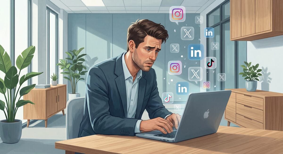 Entrepreneur inquiet devant son ordinateur avec des icônes de réseaux sociaux flottantes en arrière-plan, ambiance moderne et professionnelle