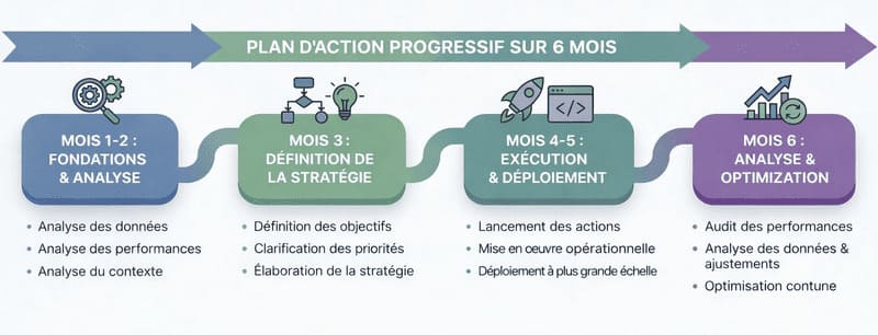 Timeline visuelle montrant le plan d'action progressif en 4 étapes sur 6 mois avec icônes représentant chaque action clé