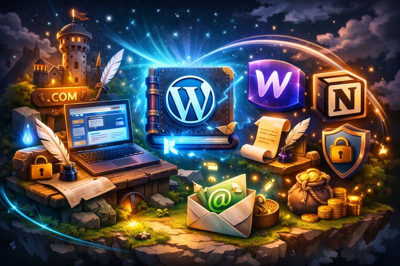 Illustration style RPG montrant la création d’actifs digitaux propriétaires : site web sur domaine propre, liste email, sécurité des données, monétisation et stratégie SEO durable pour protéger un business digital.