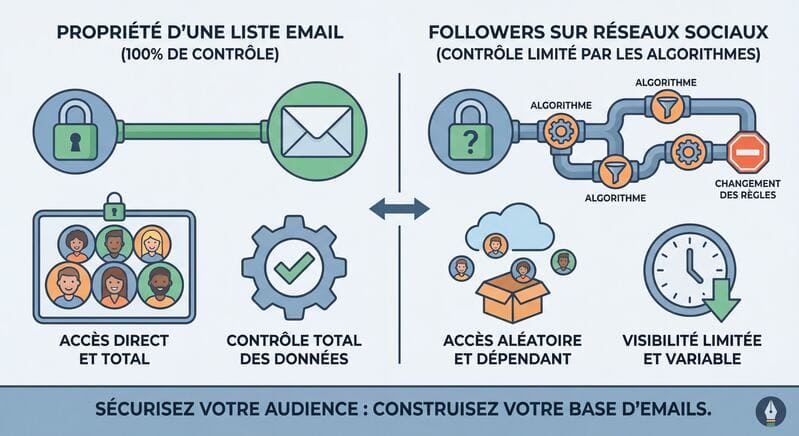 Infographie comparant la propriété d'une liste email (100% de contrôle) vs les followers sur réseaux sociaux (contrôle limité par les algorithmes)