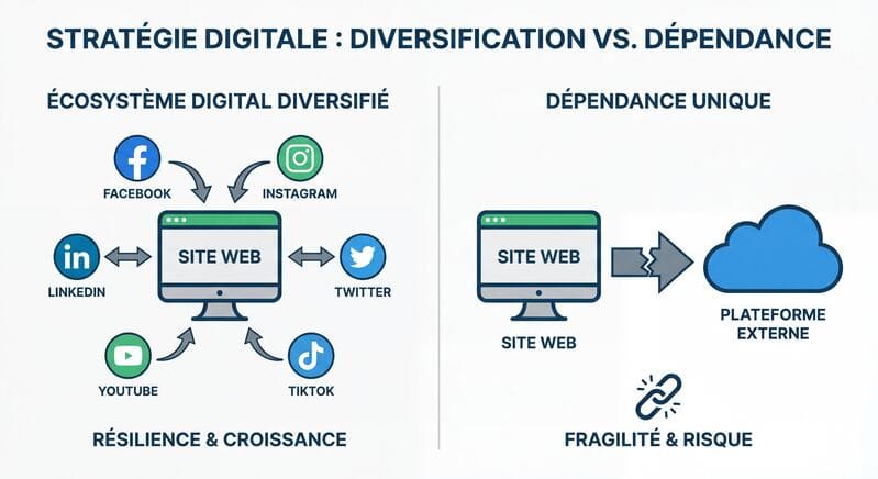 Schéma d'un écosystème digital diversifié avec un site web au centre entouré de plateformes sociales, comparé à un modèle de dépendance unique fragile