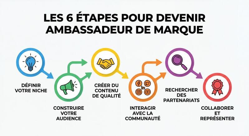 Infographie moderne montrant les 6 étapes pour devenir ambassadeur de marque avec icônes colorées et flèches de progression